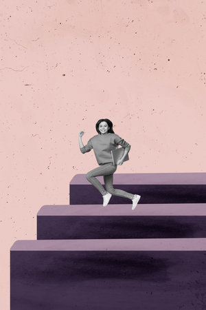 Collage of person walking upstairs as symbol of business success ambition and career progression...
