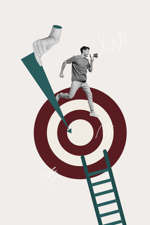 Template pop collage of person stand above aim ladder on white backgroundの写真素材