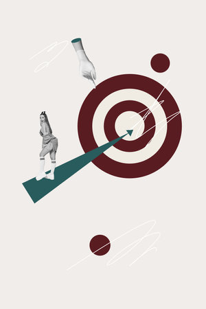 Creative art collage of person stand arrows target with hand on white background