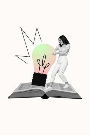 Vertical poster art photo collage of happy girl stand book open page enlightenment education light bulb power idea findingの写真素材
