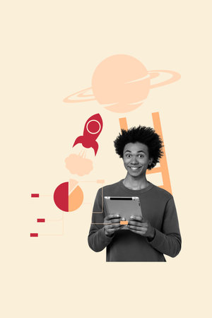 Pop vertical photo collage of happy businesswoman businessman stand rocket launch planet space...