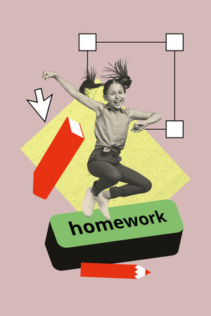 3d pop image banner 3d photo collage of happy schoolgirl jump homework button book education cursor...