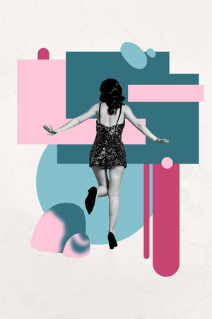 banner pop collage of person air fly on blue background with geometry figureの写真素材