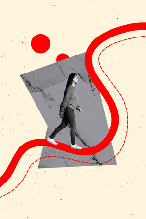 Composite sketch design artwork 3D photo collage of fantasy route arrow aim achievement goal choice target young lady walk directionの写真素材