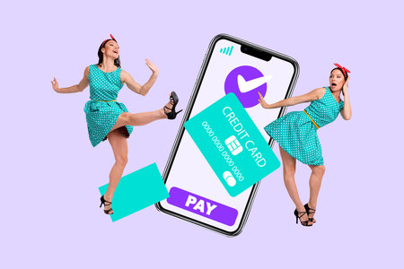 Full 3d magazine picture sketch collage image of two happy girl guy stand phone checkmark approval payment credit card discountの写真素材