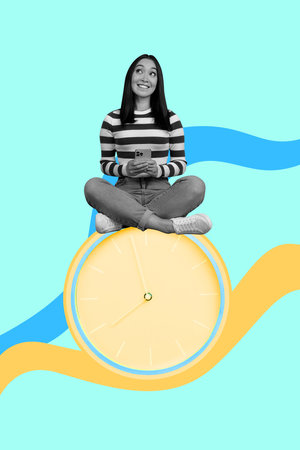 Vertical 3d art pop image collage of happy business girl guy stand deadline clock expire limit...
