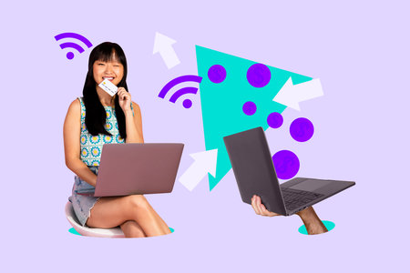 Exclusive creative collage of happy businessman businesswoman stand hand hold laptop device dollar freelancer income wifi netの写真素材