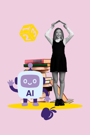 Zine sketch image vertical collage of happy teenager schoolgirl hold book literature subject education artificial intelligenceの写真素材