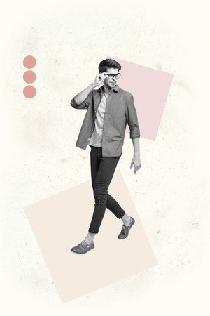 Collage of fashionable young man posing confidently in modern geometric art backgroundの写真素材