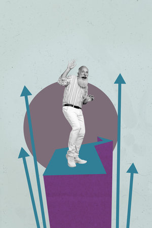 Art trend collage of person stand platform arrows up on grey color backgroundの写真素材