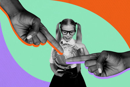 Creative composite collage of young girl stand hand hold globe homework finger point two huge hands academic autumn back class classroomの写真素材