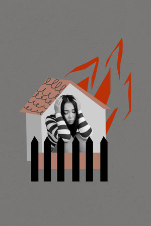 Sketch contemporary photo collage of puzzled girl sit home burn fire accident house loss relocation immigrant problem movingの写真素材