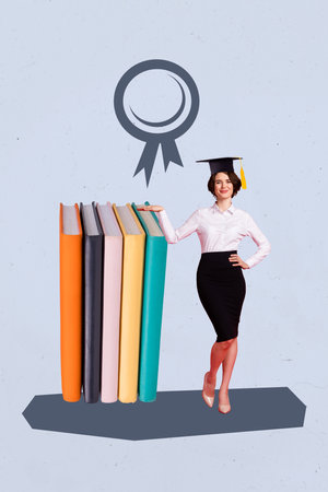Artwork template design 3D collage sketch of young lady stand hold pile book win university success intelligent graduate study educationの写真素材