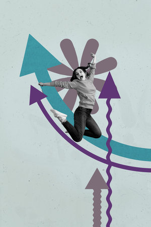 Trend pop collage of person jump stand increase arrows figure on grey background