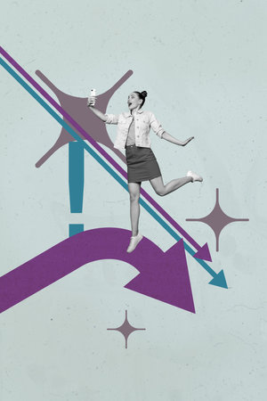 Poster art collage of person taking selfie with arrows on grey backgroundの写真素材