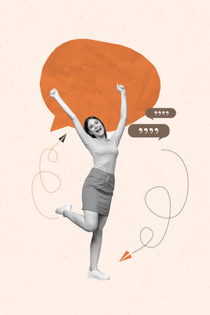 Pop collage of person stand with text box on pastel backgroundの写真素材