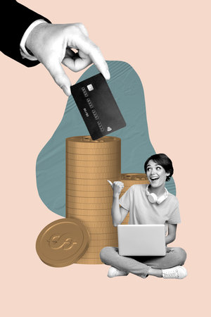 Zine creative art vertical photo collage of happy businesswoman freelancer type laptop point hand hold credit card depositの写真素材