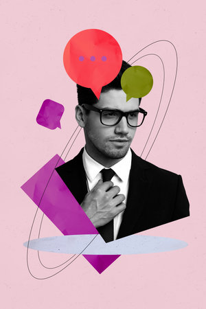 Banner sketch poster trend art collage image of minded girl guy think decision bubble communication icon chatterbox speechの写真素材