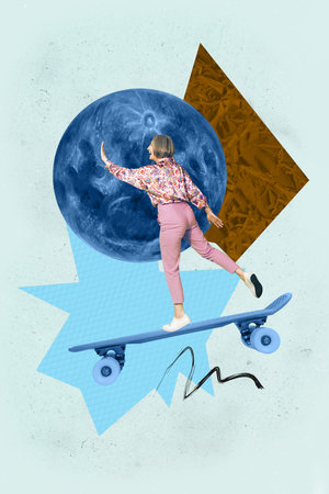 Vertical poster art photo collage of happy girl guy stand longboard ride skate-park moon planet activity spacecraft universeの写真素材