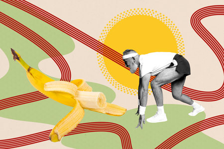 Creative full art collage of happy old sportsman stand start line jogging marathon sprint healthy banana fruit nutritionの写真素材