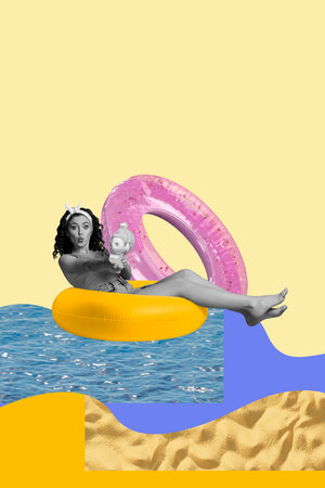 Exclusive artwork poster collage of happy girl swim lifebuoy sand beach hold water gun summer game...