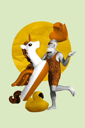 Pop art zine photo collage of happy old man wear leopard swimwear stand duck flamingo toy unicorn lifebuoy summer relax weekendの写真素材