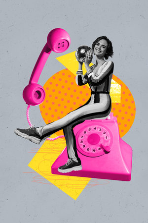 Vertical poster collage of happy businesswoman sit telephone retro pink device call center manager worker telecommunicationの写真素材