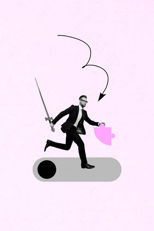 Vertical sketch artwork collage of serious businessman run steel sword excalibur puzzle element project development progressの写真素材