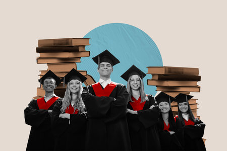Trend artwork composite 3D photo collage design of success smile student man lady posing study knowledge academic education book libraryの写真素材