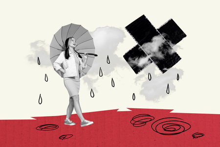 3d sketch poster trend collage image of happy girl walk carry umbrella rain-cloud weather cyclone autumn season bad forecastの写真素材