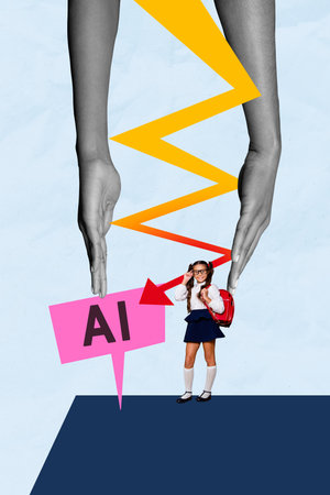 Trend artwork creative sketch 3D photo collage of hand hold arrow between showin ai young pupil girl stand september fall class learnの写真素材