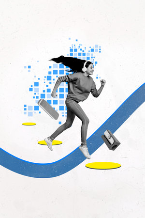 Banner 3d poster art pop collage of happy schoolboy schoolgirl run sharpener eraser autumn season cyber courses matrix conceptの写真素材