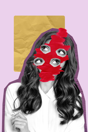 Sketch image trend artwork montage photo collage of silhouette woman head many eyes depression...