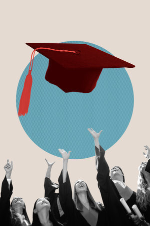 Composite artwork photo collage trend template of crowd student man lady pull hat up graduate university courses diploma student educationの写真素材