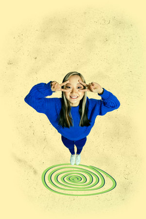 Art image vertical photo collage of happy guy girl stand hypnosis doodle fake news propaganda disinformation influence spamの写真素材