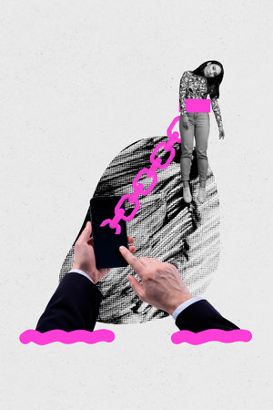 Poster photo vertical collage of anonym girl hang chain metal problem hands hold phone addiction handcuffs dependence influenceの写真素材