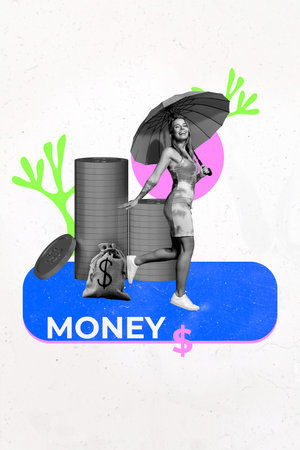 3d sketch image vertical collage of happy businesswoman stand dollar coin stack jackpot income success development capitalの写真素材