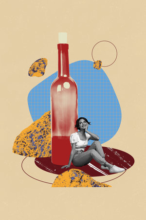Banner sketch poster trend art collage image of happy girl guy stand wine bottle celebration event alcohol bar relax occasionの写真素材