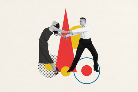 Trend template sketch design collage of passion rhythm studio elegance modern artistic dramatic young man suit hand hold lady long dressの写真素材