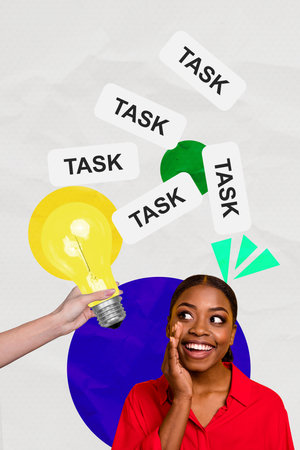 Collage poster template trend artwork sketch of young lady smile hand gesture talk hold idea bulb solution mind decision eureka creativeの写真素材