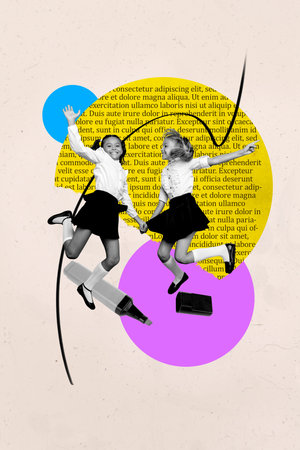 Trend artwork template design 3D collage sketch of school season september student study two friends classmates young girl marker textboxの写真素材