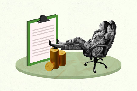 Composite zine pop trend collage of happy businesswoman sit chair office coin stack clipboard deposit salary capital earningsの写真素材