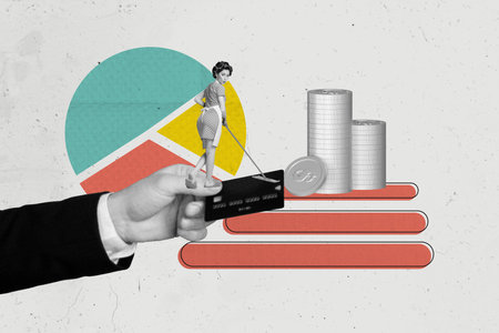 Poster sketch 3D photo collage of hand hold credit bank card pile coins rich wealth bank salary income young woman retro style wash floorの写真素材