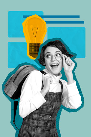 Composite artwork photo collage template sketch of jigsaw puzzle mind startup idea lamp young lady smile happy hand hold eyewear studentの写真素材