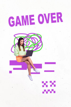 Sketch image trend artwork montage 3D photo collage of young woman sit cyberspace type laptop game over esport challenge gamer videoの写真素材