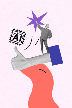 Composite artwork photo collage template sketch of hand thumb like aged woman stand artificial intellect autumn school teacher lessonの写真素材