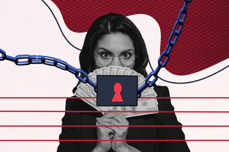 Sketch design artwork 3D photo collage of earnings trade finance wealth portrait young lady eyewear...