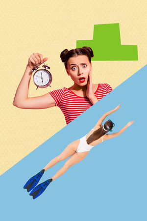 Trend artwork composite 3D photo collage design of two young lady shocked face sportive coach hand hold clock swim pool wear mask flippersの写真素材