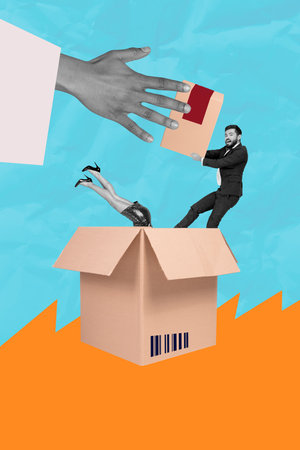 Composite 3D photo collage trend sketch of half body young lady dive box man fly help charitable donation society generosity foundationの写真素材