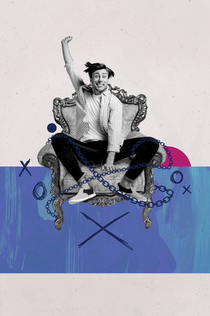 Pop trend collage of person caught in chain escape cross on white backgroundの写真素材